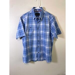 Orvis Button Down Shirt Mens Medium Blue Plaid Excellent Short Sleeve Technical